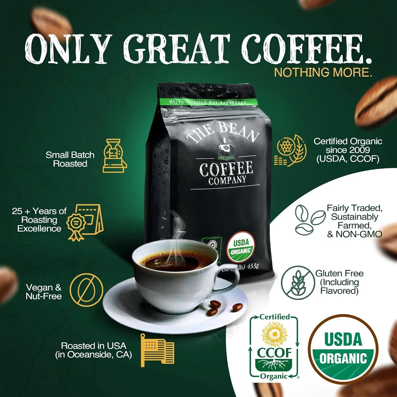 The Bean Organic Coffee Company South America, Medium Roast, Ground Coffee, 5-Pound Bag, Café molido tostado orgánico
