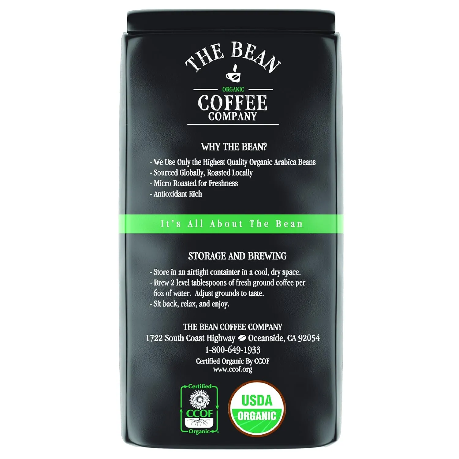 The Bean Organic Coffee Company Water Processed DECAF South America Blend, Medium Roast, Whole Bean Coffee, 16-Ounce Bag
