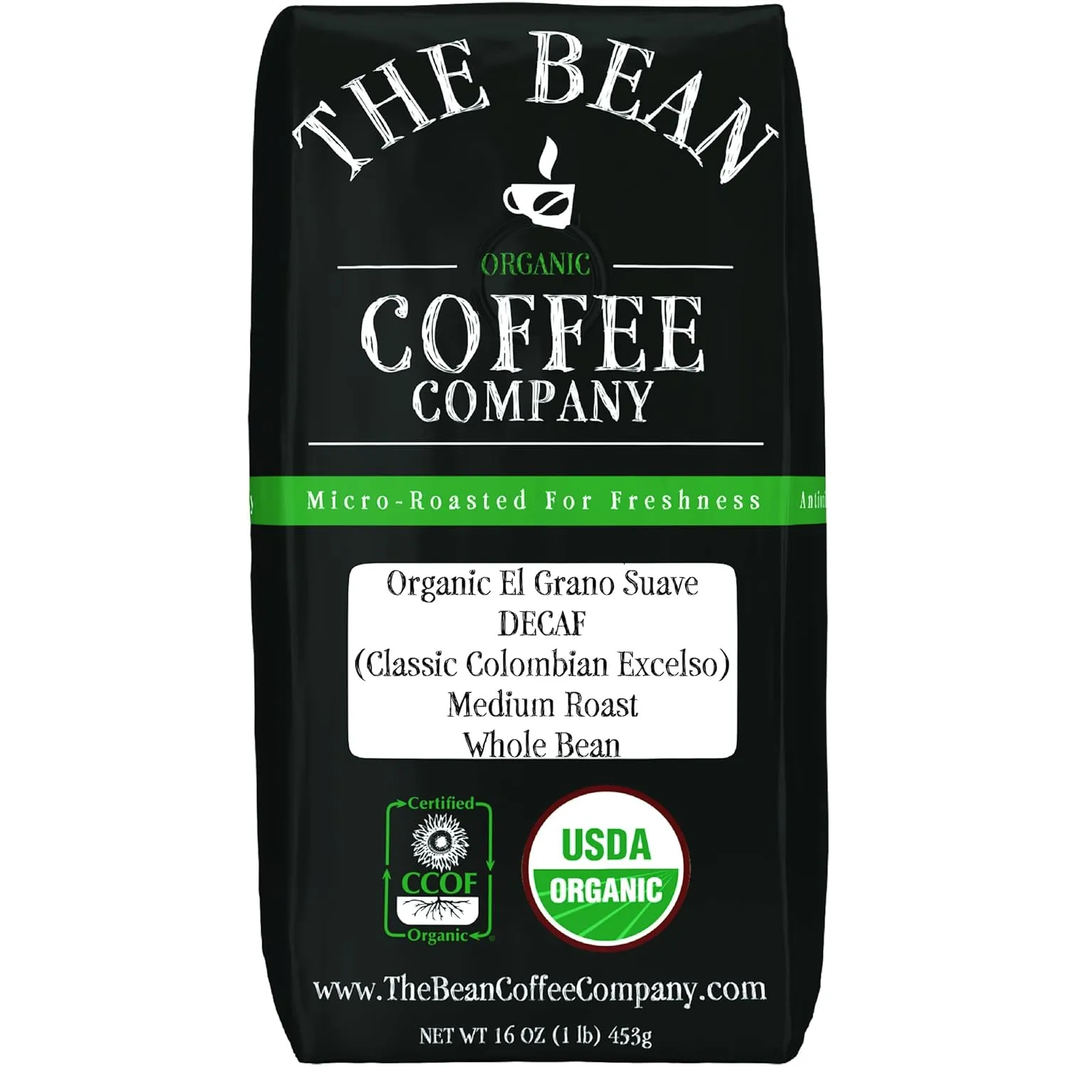 The Bean Organic Coffee Company Water Processed DECAF South America Blend, Medium Roast, Whole Bean Coffee, 16-Ounce Bag