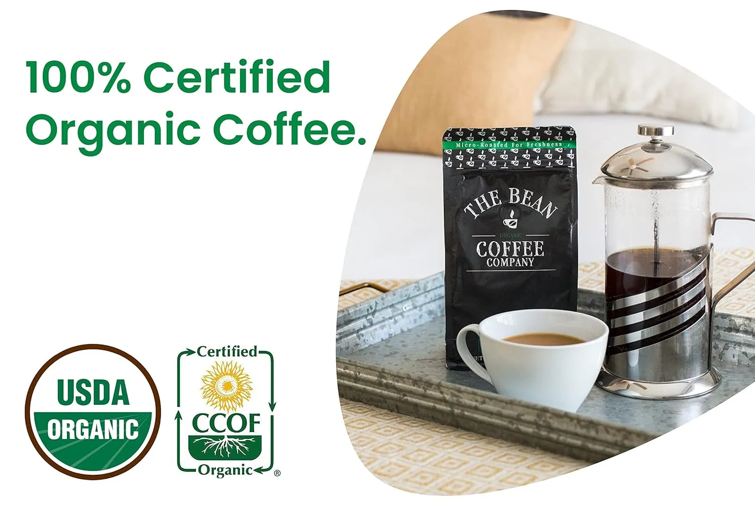 The Bean Organic Coffee Company Water Processed DECAF South America Blend, Medium Roast, Whole Bean Coffee, 16-Ounce Bag