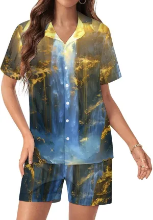 The Big Moon Women's Satin Pajama Set Short Sleeve Button Down Sleepwear Loungewear Pj Set