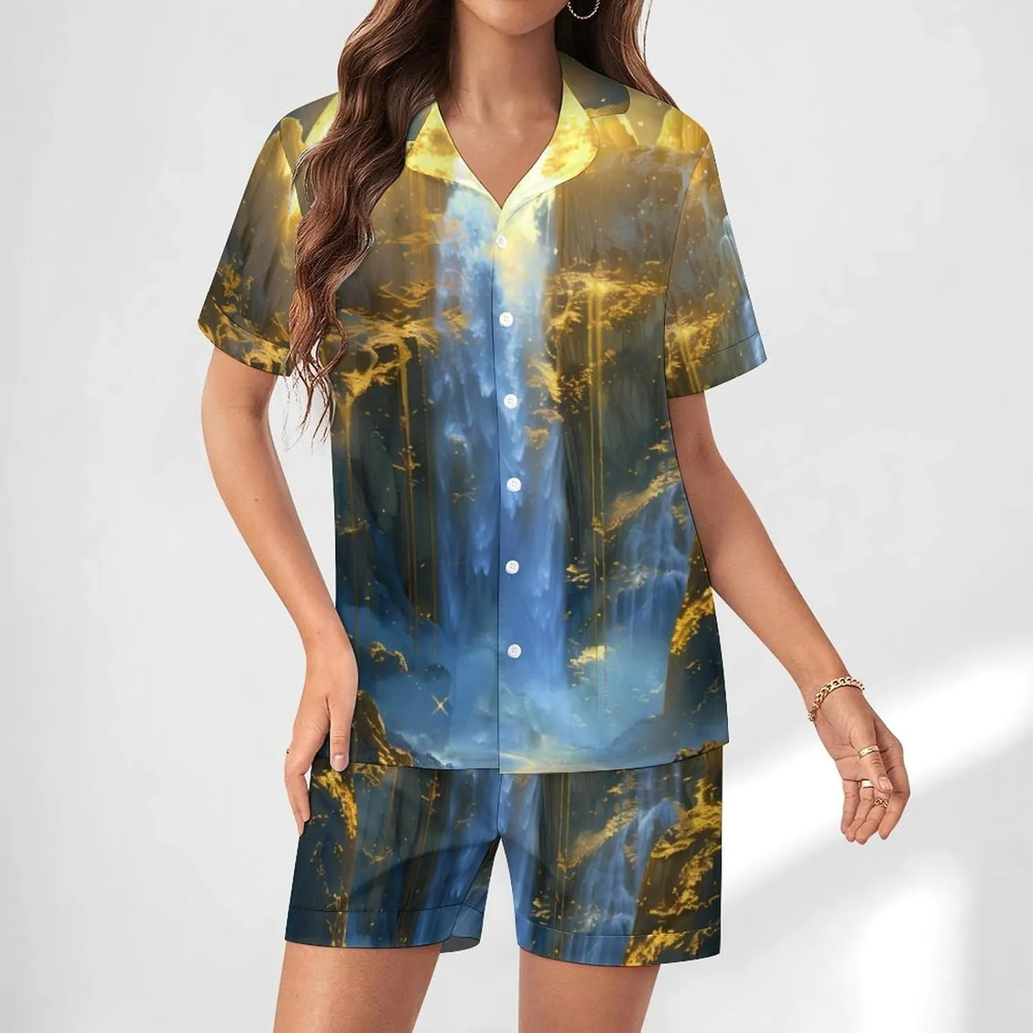 The Big Moon Women's Satin Pajama Set Short Sleeve Button Down Sleepwear Loungewear Pj Set