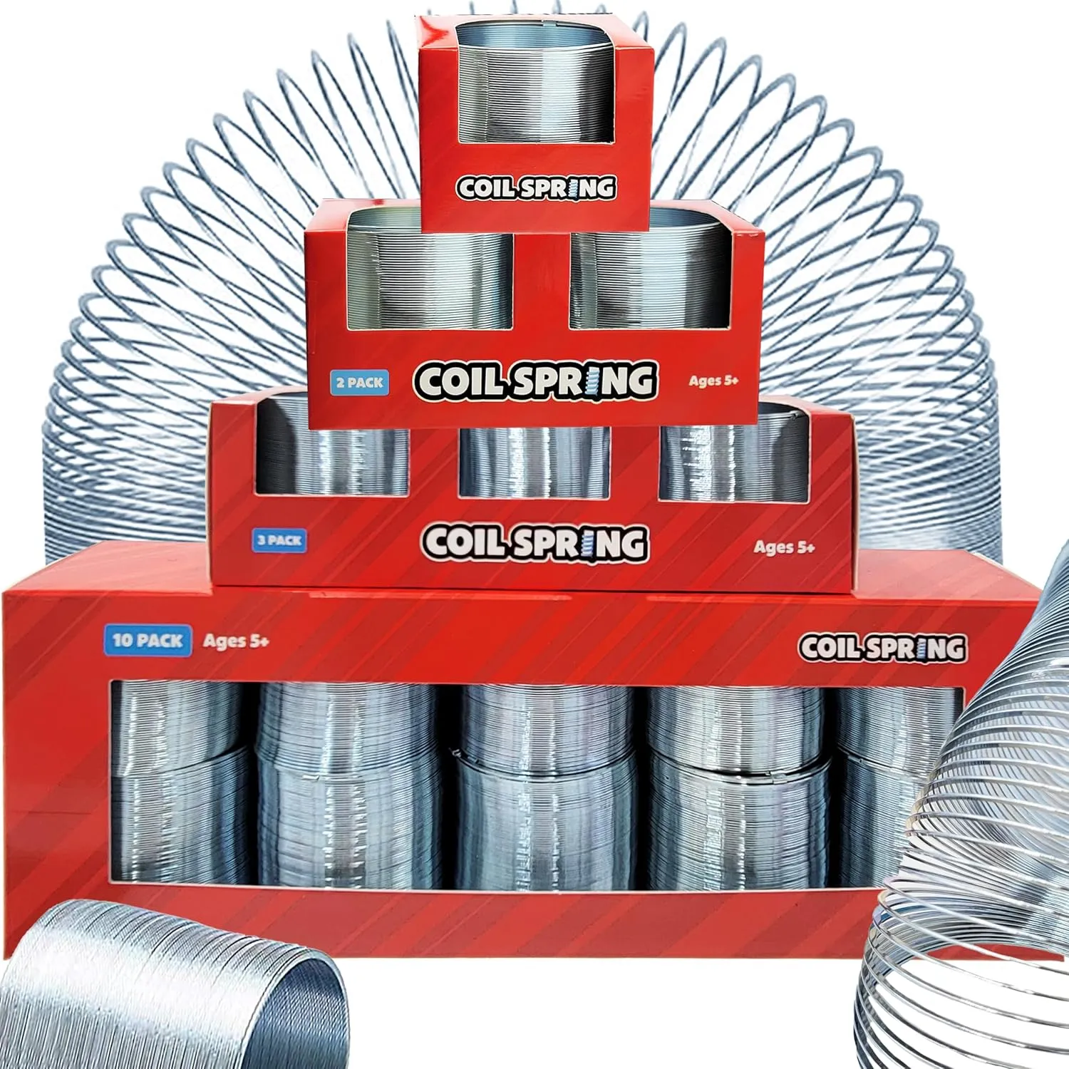 The Dreidel Company Silver Metal Coil Spring, Goody Bag Fillers, Party Favor for Kids, Variety of 2.4" (60mm) Individually Boxed (10-Pack)