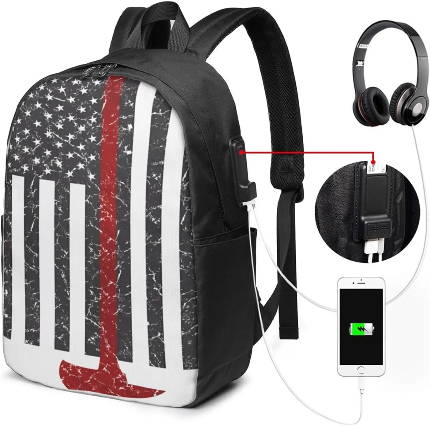 Thin Red Line Axe American Flags Patriot Firefighter Backpack 17 Inch Laptop Backpacks Outdoor Travel Rucksack Work Business Daypack with USB Port Carry On Bag for Cycling Hiking