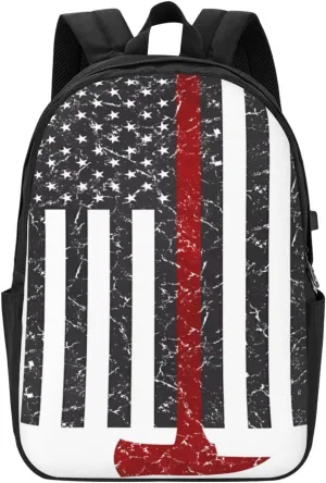 Thin Red Line Axe American Flags Patriot Firefighter Backpack 17 Inch Laptop Backpacks Outdoor Travel Rucksack Work Business Daypack with USB Port Carry On Bag for Cycling Hiking