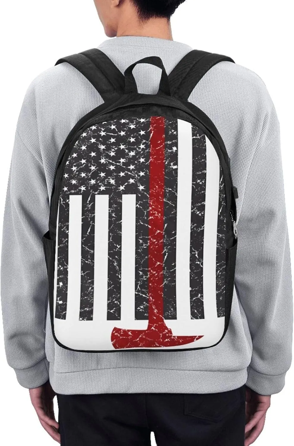 Thin Red Line Axe American Flags Patriot Firefighter Backpack 17 Inch Laptop Backpacks Outdoor Travel Rucksack Work Business Daypack with USB Port Carry On Bag for Cycling Hiking
