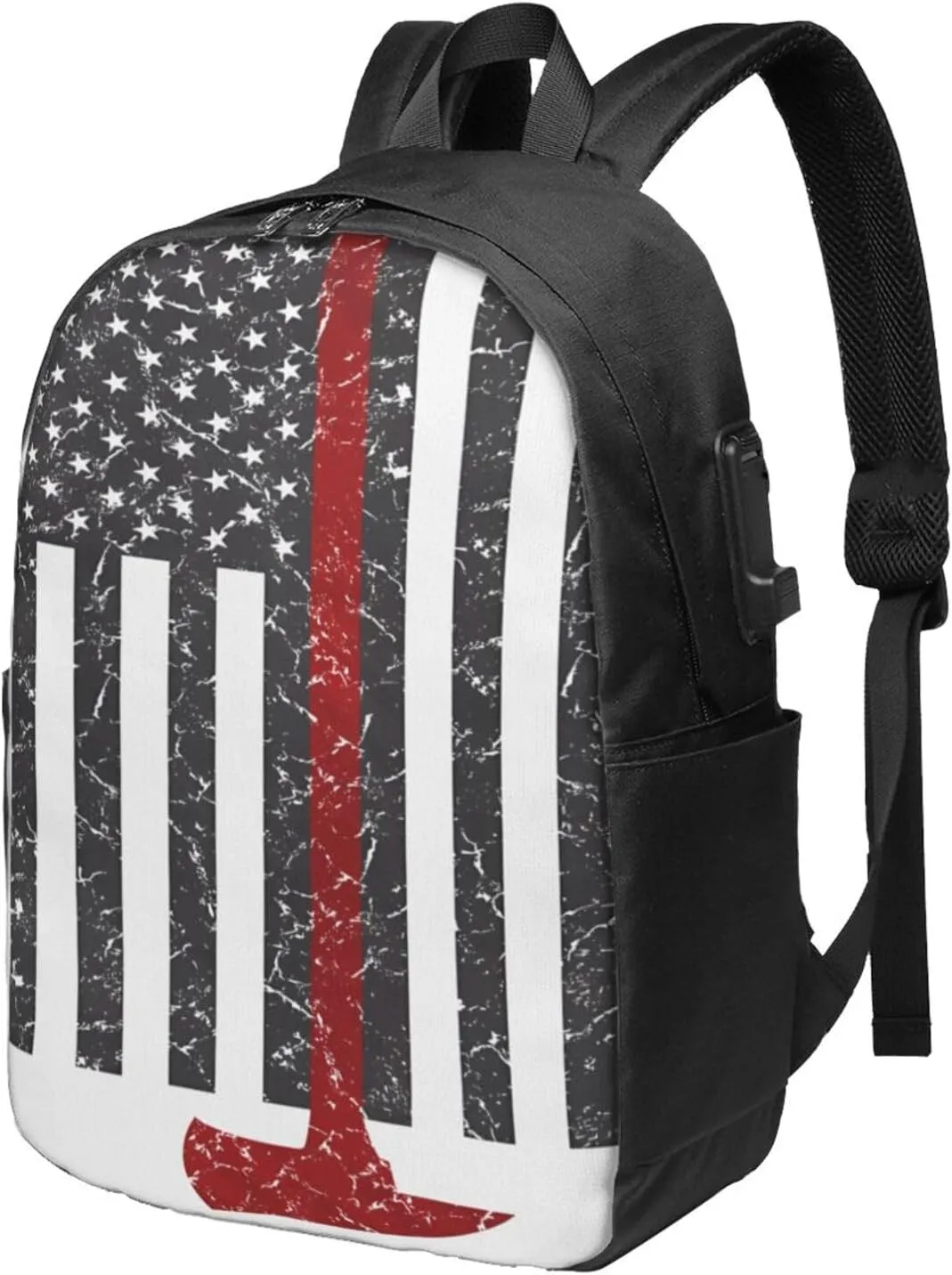 Thin Red Line Axe American Flags Patriot Firefighter Backpack 17 Inch Laptop Backpacks Outdoor Travel Rucksack Work Business Daypack with USB Port Carry On Bag for Cycling Hiking