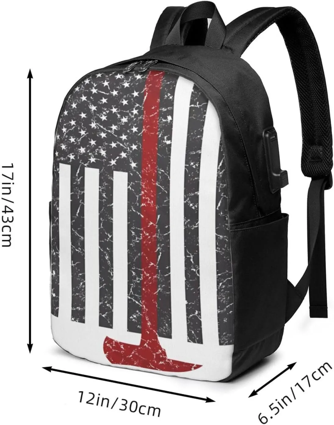 Thin Red Line Axe American Flags Patriot Firefighter Backpack 17 Inch Laptop Backpacks Outdoor Travel Rucksack Work Business Daypack with USB Port Carry On Bag for Cycling Hiking