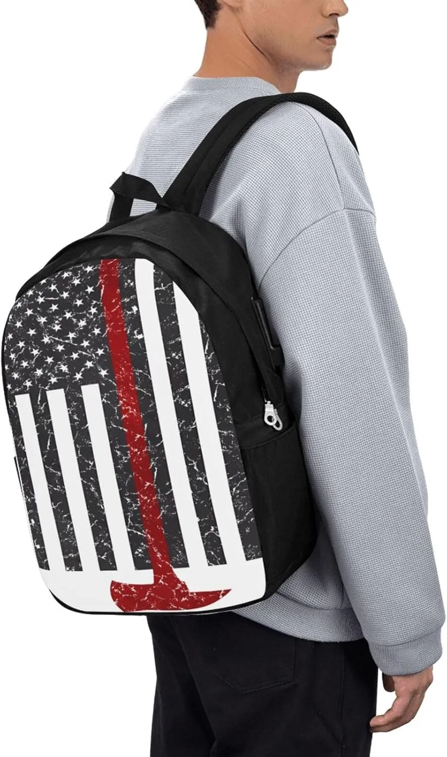 Thin Red Line Axe American Flags Patriot Firefighter Backpack 17 Inch Laptop Backpacks Outdoor Travel Rucksack Work Business Daypack with USB Port Carry On Bag for Cycling Hiking