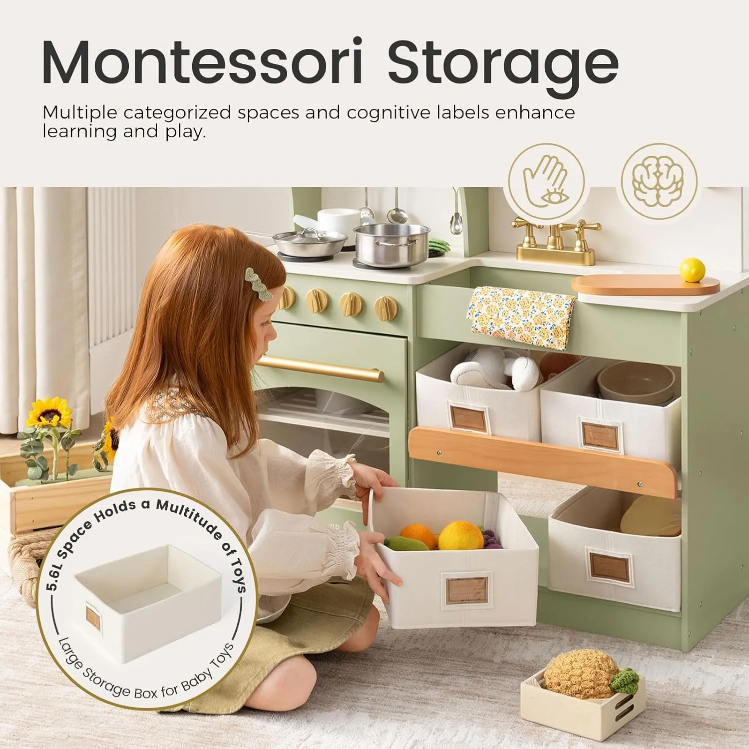Tiny Land Play Kitchen for Kids with Storage System, Toy Kitchen Set with Plenty of Play Features Gift for Ages 3 