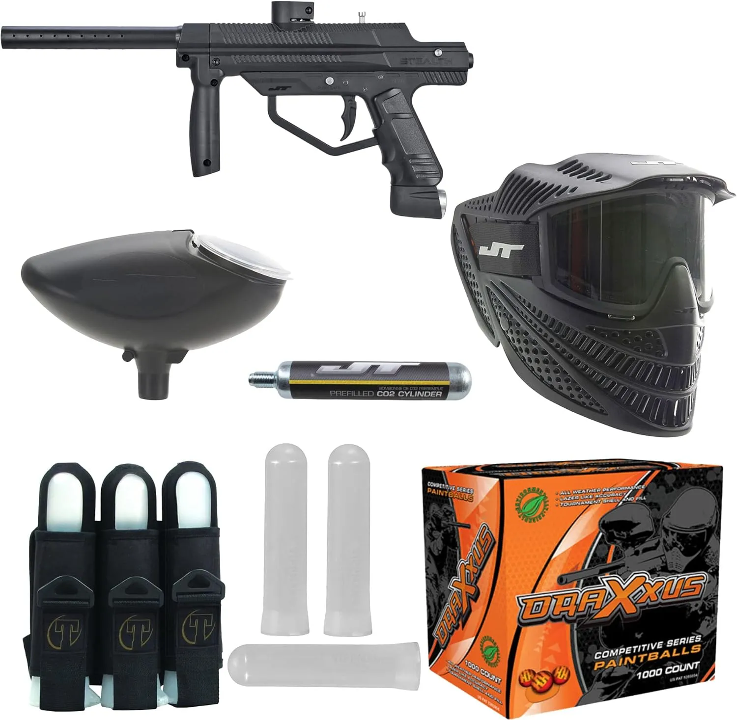 Tippmann JT Stealth Paintball Marker Go PAK w/1K Paintballs, Mask, Loader, Harness, 3 Pods, Pre-Filled CO2   Adapter