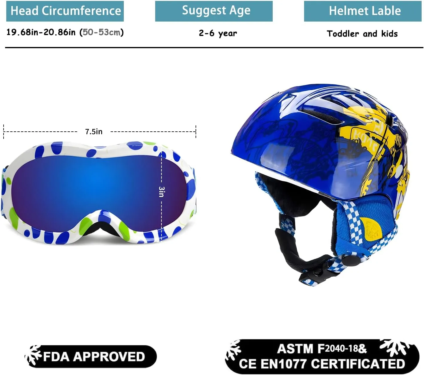 Toddler & Kids Ski Helmet Combo Pack with Googles - Lightweight, Small Size, Ages 2-6, ASTM Certified