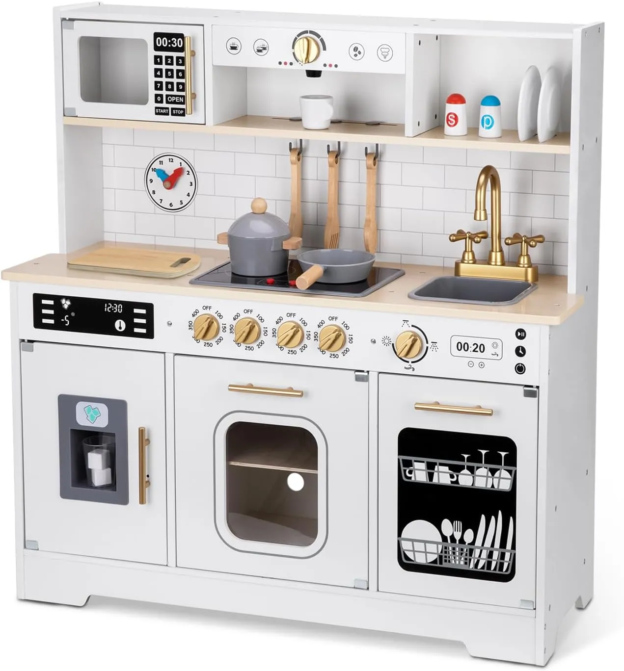 Toddler Kitchen Playset, Play Kitchen Sets for Kids with Plenty of Play Features, Sink, Oven, Stove, Dishwasher, Coffee Maker, ice Maker and Microwave