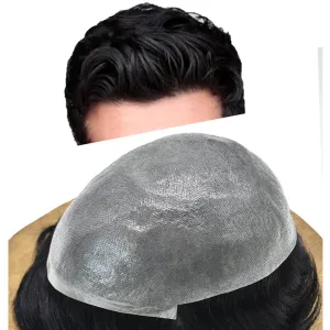 Toupee For Men Thin Skin 0.04MM Mens Toupee 100% European Human Hair System For Men V-loop Invisible Hairline Mens Hair Piece 7X9-90% light density#1 JET BLACK