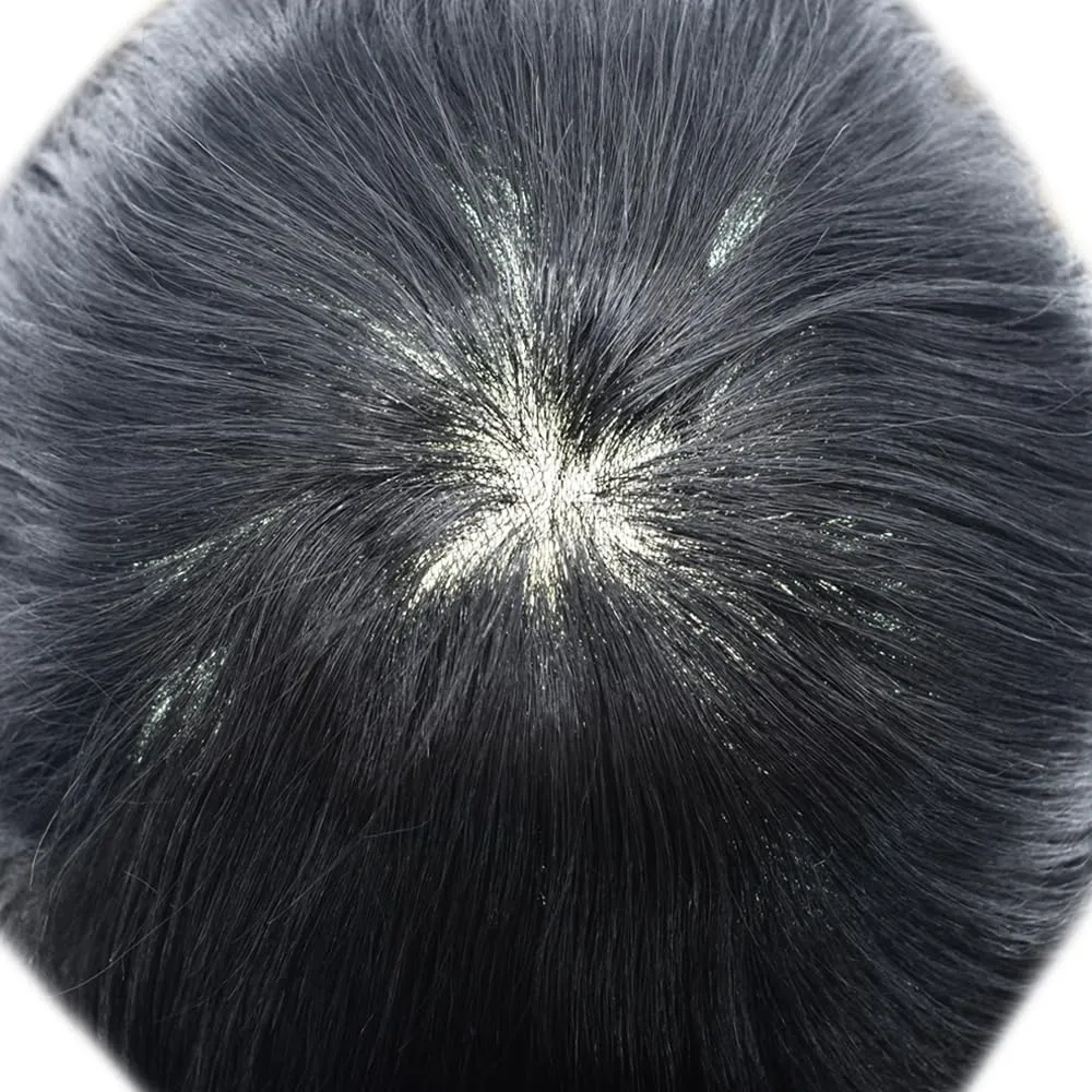 Toupee For Men Thin Skin 0.04MM Mens Toupee 100% European Human Hair System For Men V-loop Invisible Hairline Mens Hair Piece 7X9-90% light density#1 JET BLACK