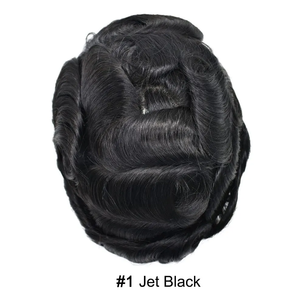 Toupee For Men Thin Skin 0.04MM Mens Toupee 100% European Human Hair System For Men V-loop Invisible Hairline Mens Hair Piece 7X9-90% light density#1 JET BLACK