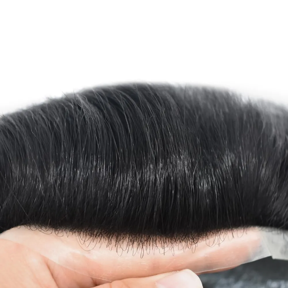 Toupee For Men Thin Skin 0.04MM Mens Toupee 100% European Human Hair System For Men V-loop Invisible Hairline Mens Hair Piece 7X9-90% light density#1 JET BLACK
