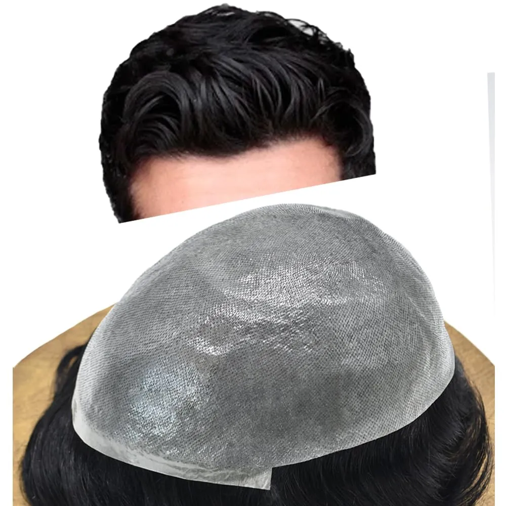 Toupee For Men Thin Skin 0.04MM Mens Toupee 100% European Human Hair System For Men V-loop Invisible Hairline Mens Hair Piece 7X9-90% light density#1 JET BLACK
