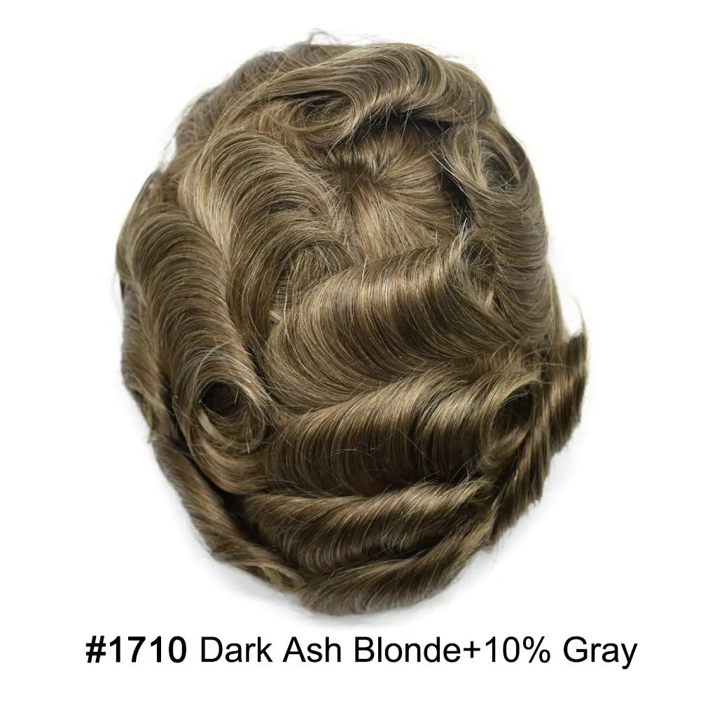 Toupee For Men Thin Skin 0.04MM Mens Toupee 100% European Human Hair System For Men V-loop Invisible Hairline Mens Hair Piece 7X9-90% light density#1710#17 DARK ASH BLONDE 10% GREY
