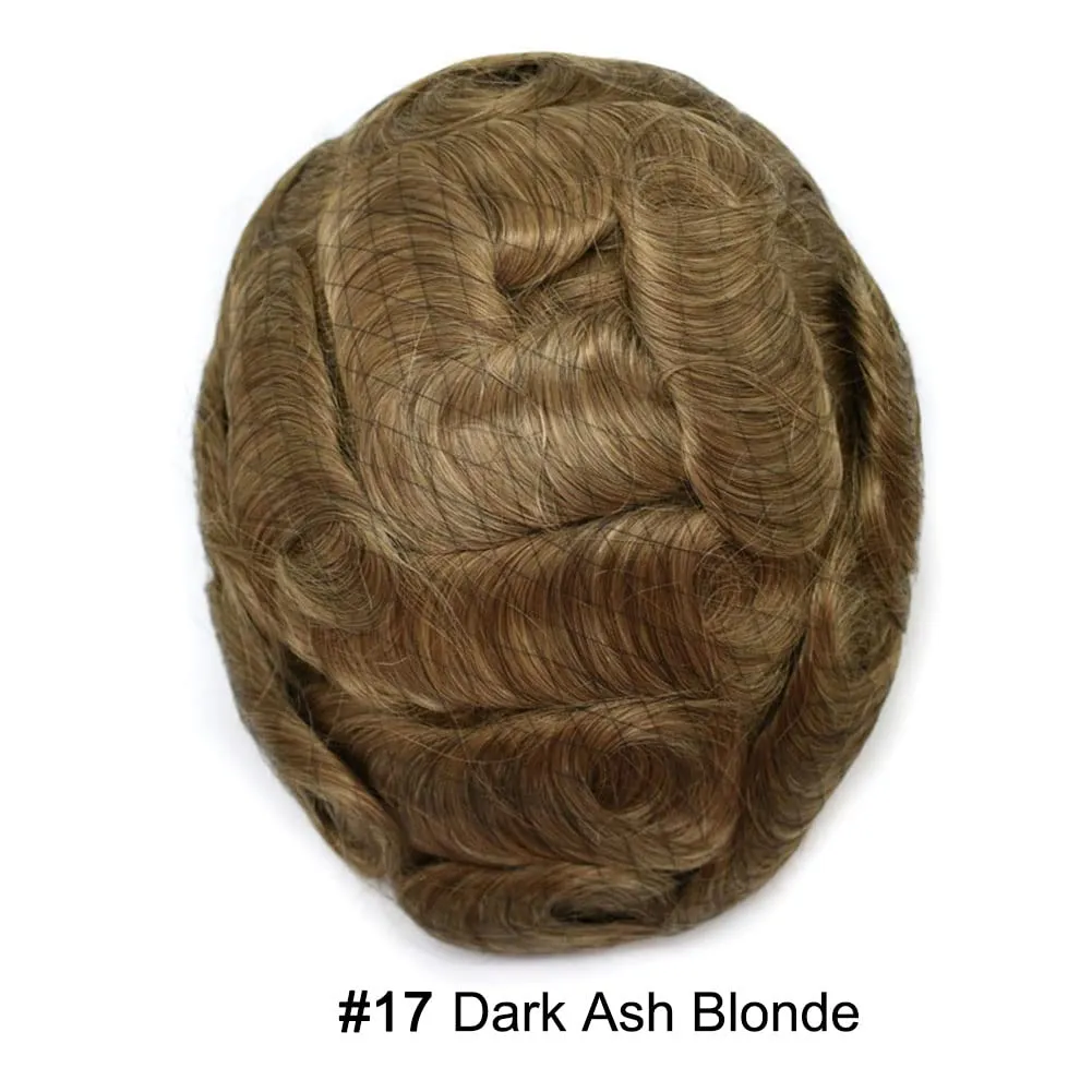 Toupee For Men Thin Skin 0.04MM Mens Toupee 100% European Human Hair System For Men V-loop Invisible Hairline Mens Hair Piece 8X10-80% light density#17 DARK ASH BLONDE