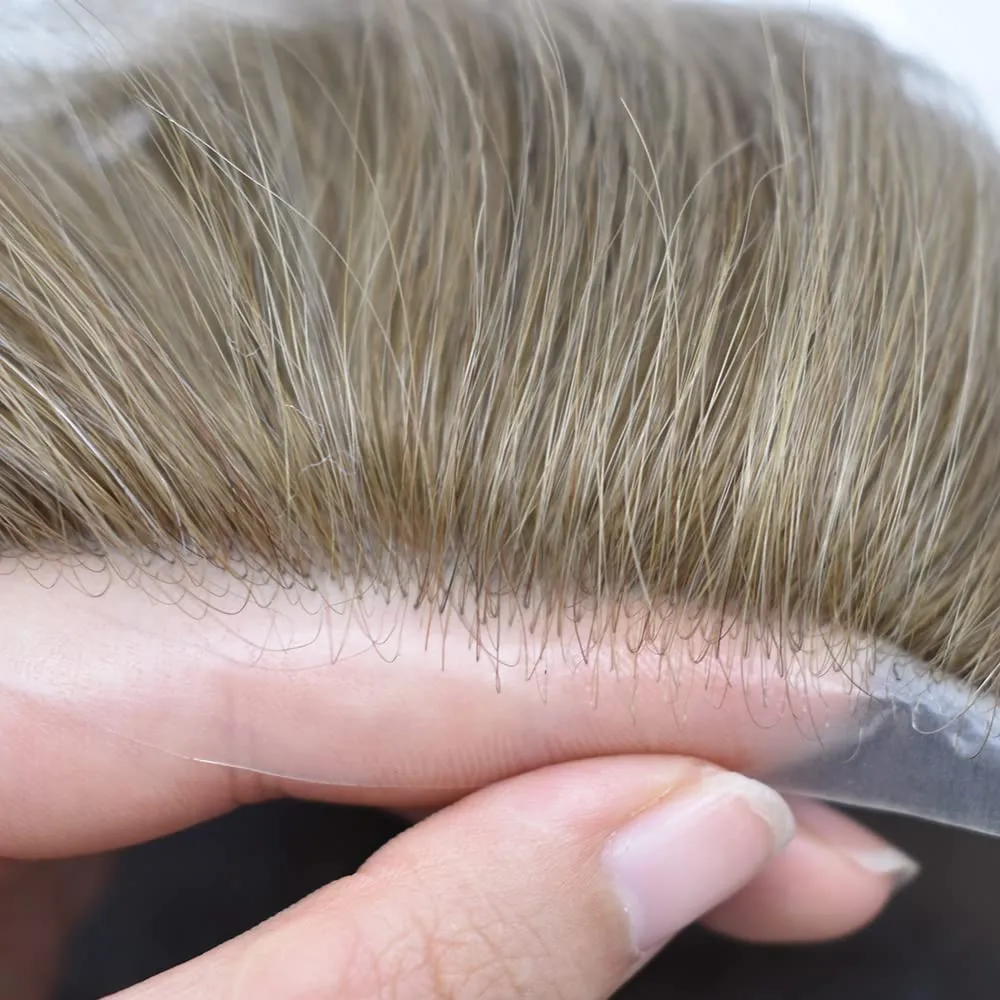Toupee For Men Thin Skin 0.04MM Mens Toupee 100% European Human Hair System For Men V-loop Invisible Hairline Mens Hair Piece 8X10-80% light density#17 DARK ASH BLONDE