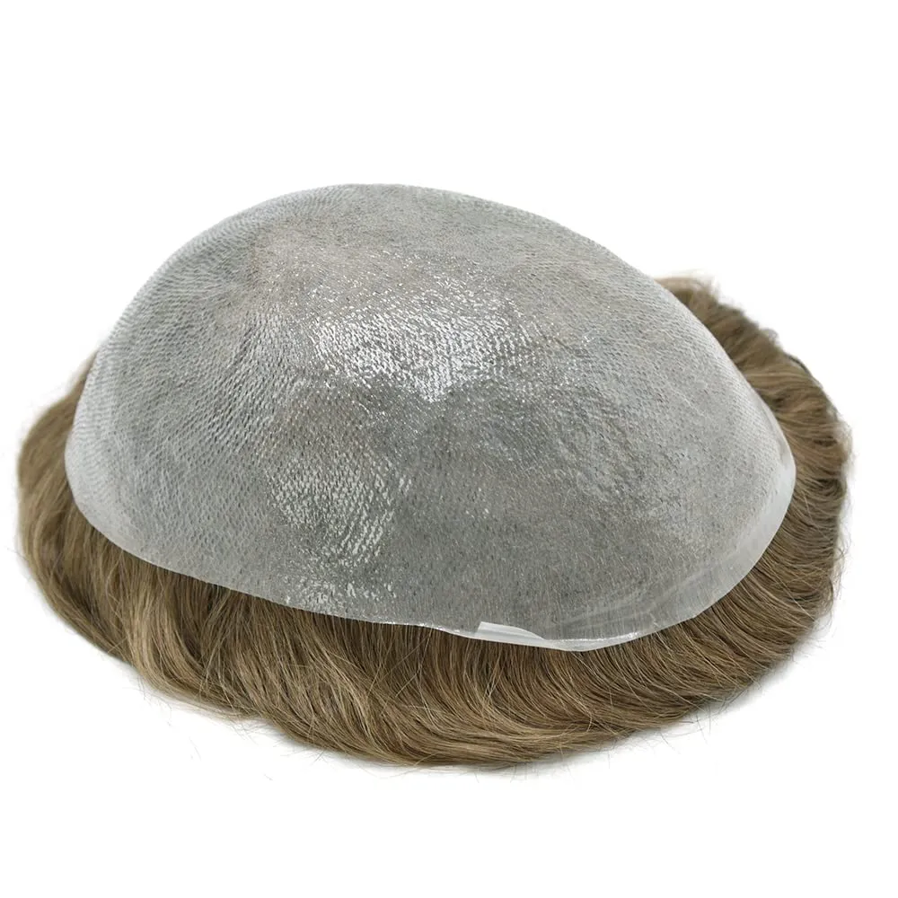Toupee For Men Thin Skin 0.04MM Mens Toupee 100% European Human Hair System For Men V-loop Invisible Hairline Mens Hair Piece 8X10-80% light density#18 MEDIUM BLONDE