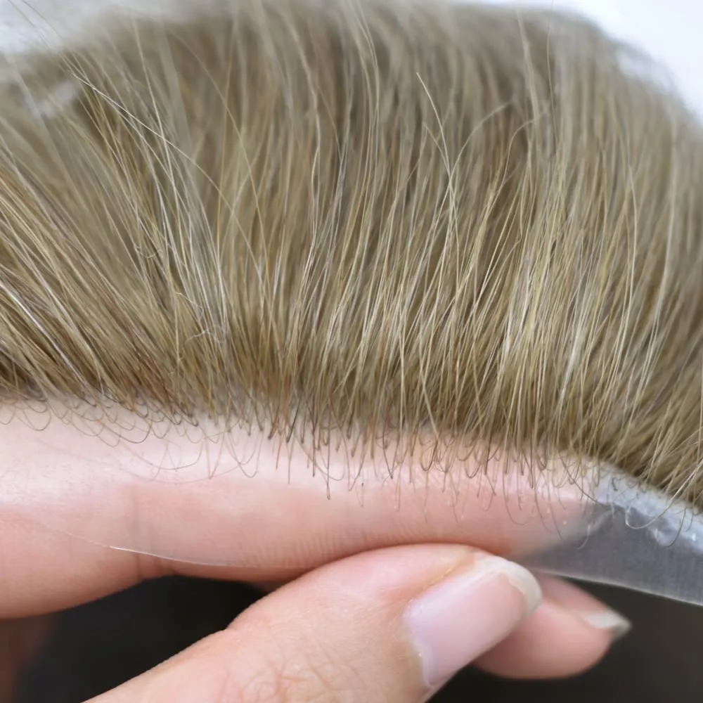 Toupee For Men Thin Skin 0.04MM Mens Toupee 100% European Human Hair System For Men V-loop Invisible Hairline Mens Hair Piece 8X10-80% light density#18 MEDIUM BLONDE