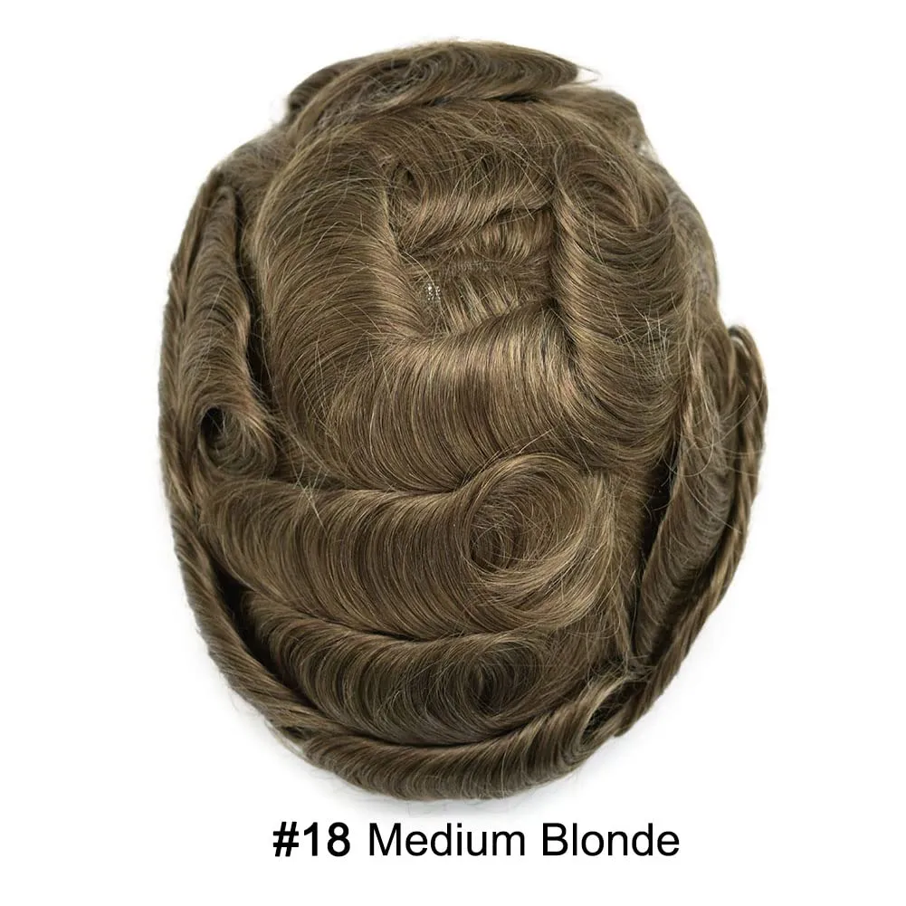Toupee For Men Thin Skin 0.04MM Mens Toupee 100% European Human Hair System For Men V-loop Invisible Hairline Mens Hair Piece 8X10-80% light density#18 MEDIUM BLONDE