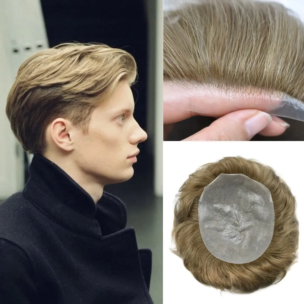 Toupee For Men Thin Skin 0.04MM Mens Toupee 100% European Human Hair System For Men V-loop Invisible Hairline Mens Hair Piece 8X10-80% light density#18 MEDIUM BLONDE