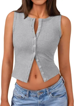Trendy Queen Womens Ribbed Button Down Sleeveless Shirts Summer Going Out Cropped Tank Top