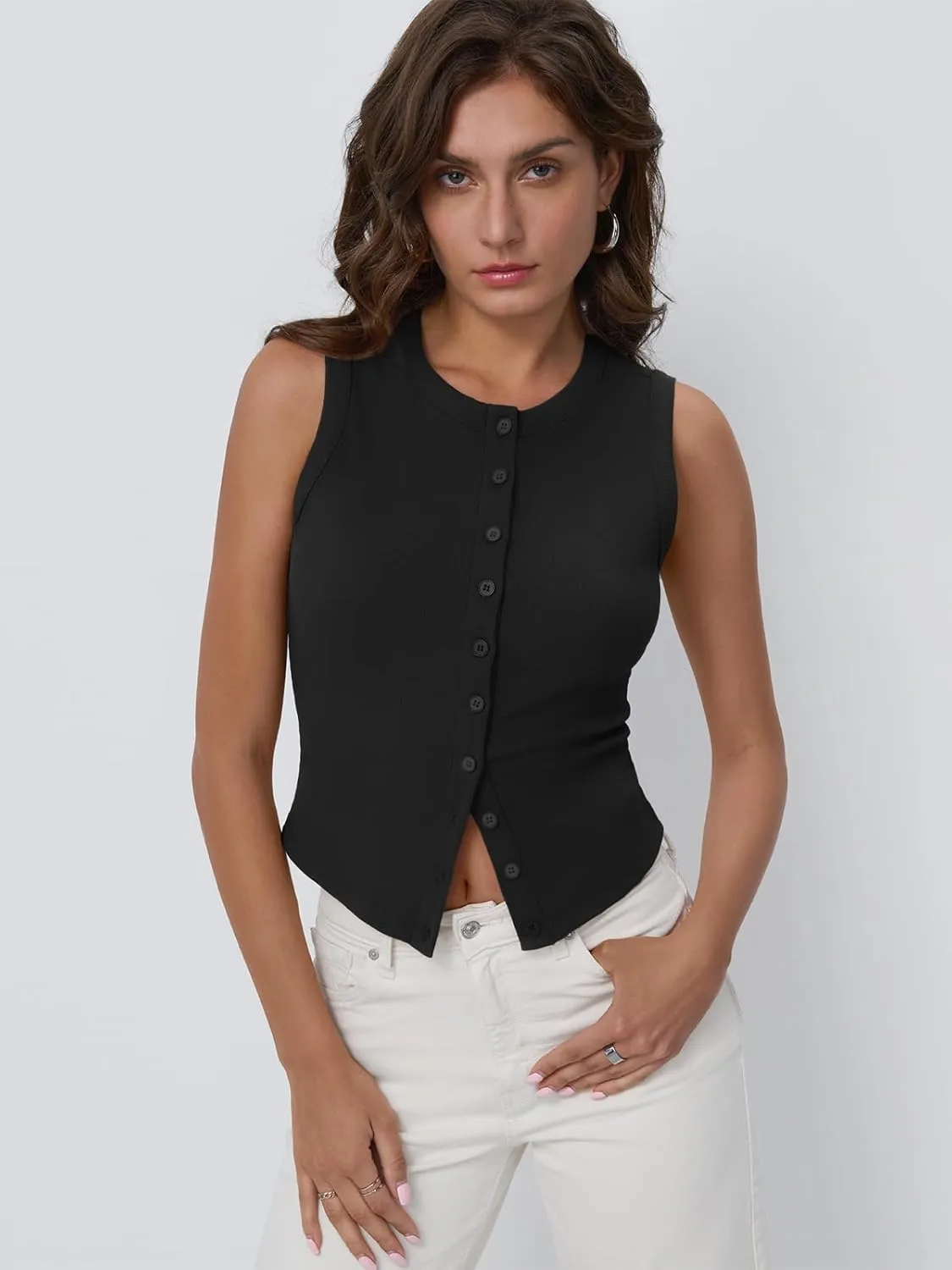Trendy Queen Womens Ribbed Button Down Sleeveless Shirts Summer Going Out Cropped Tank Top