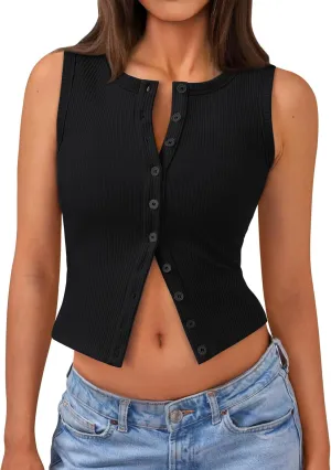 Trendy Queen Womens Ribbed Button Down Sleeveless Shirts Summer Going Out Cropped Tank Top