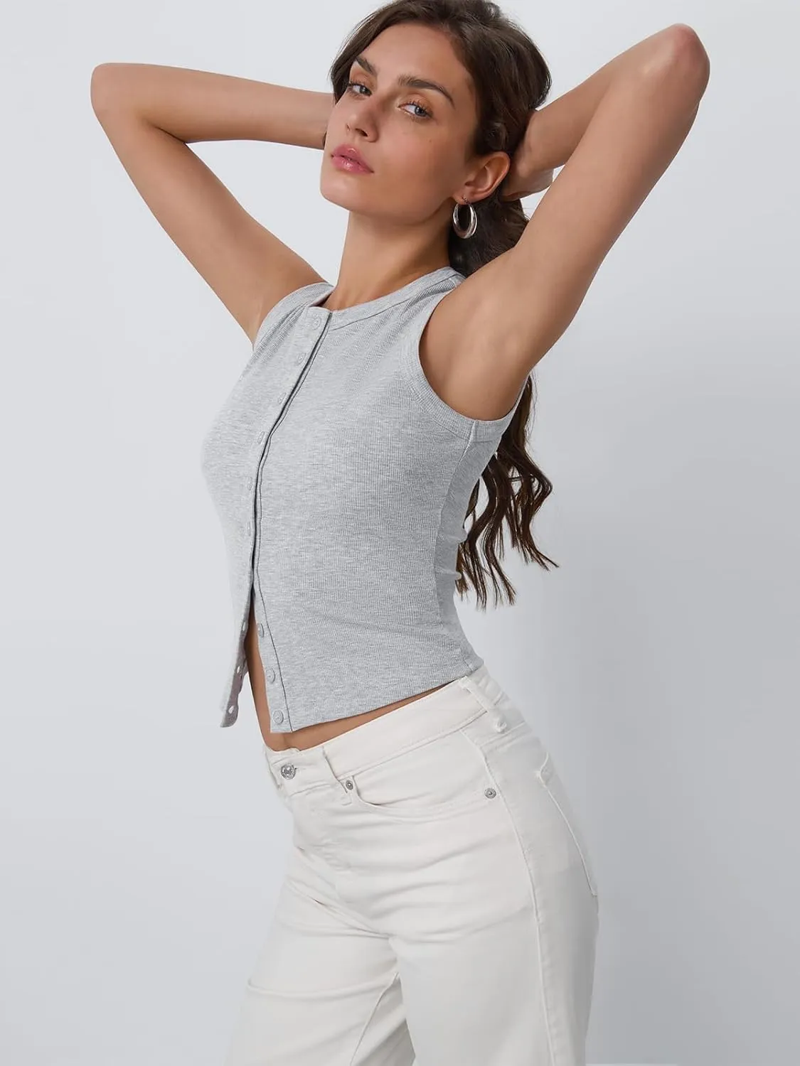 Trendy Queen Womens Ribbed Button Down Sleeveless Shirts Summer Going Out Cropped Tank Top