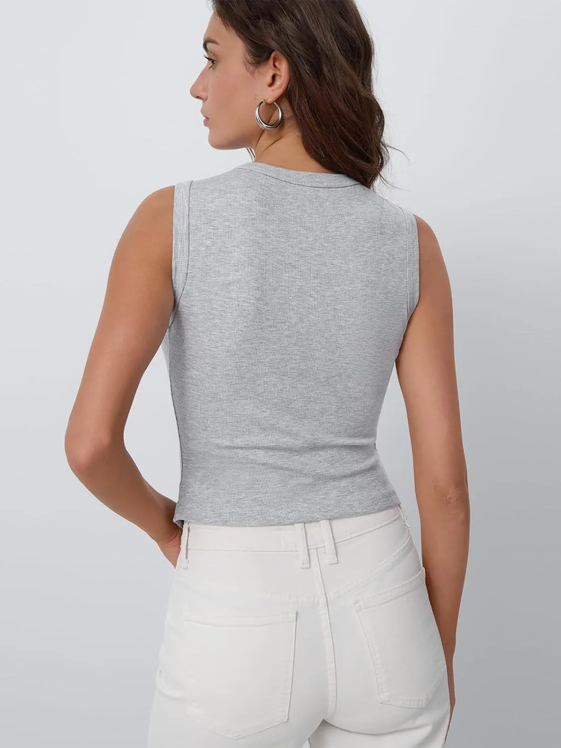Trendy Queen Womens Ribbed Button Down Sleeveless Shirts Summer Going Out Cropped Tank Top