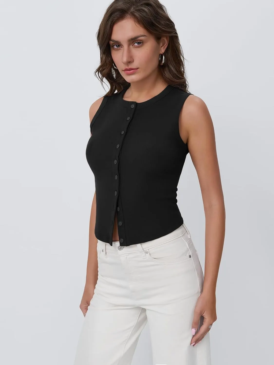 Trendy Queen Womens Ribbed Button Down Sleeveless Shirts Summer Going Out Cropped Tank Top