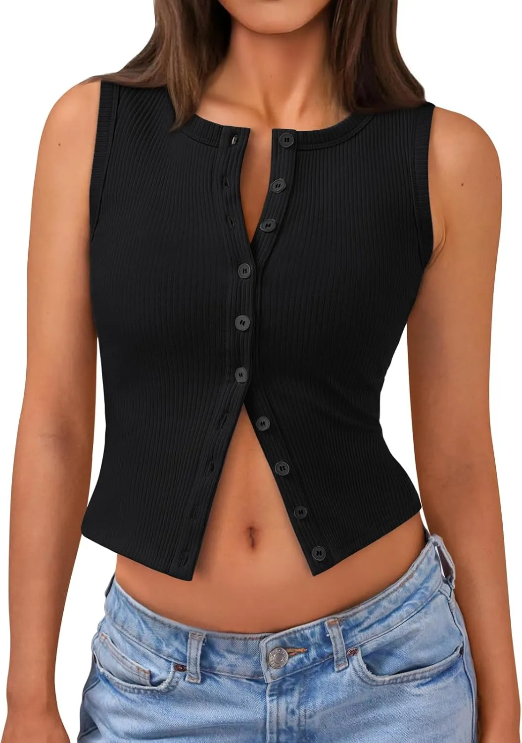 Trendy Queen Womens Ribbed Button Down Sleeveless Shirts Summer Going Out Cropped Tank Top
