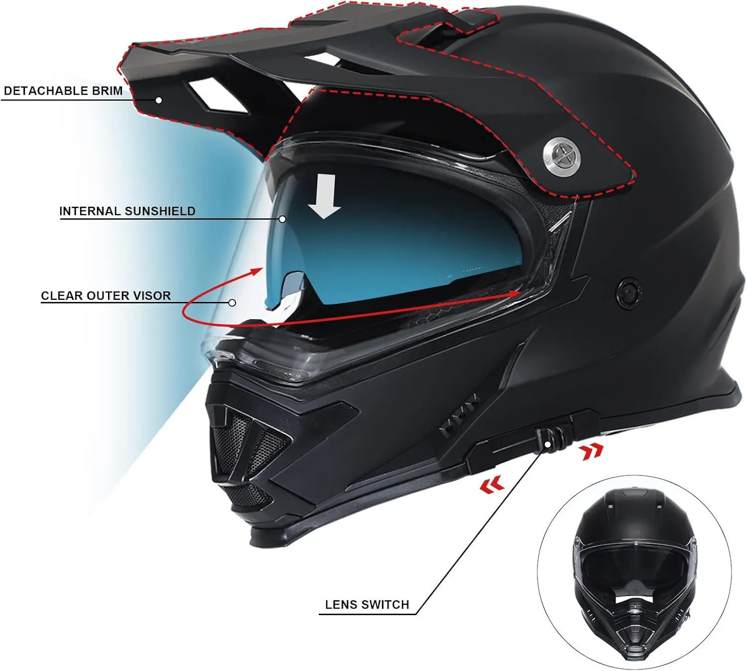 TRIANGLE Motorcycle Helmets Dirt Bike ATV Dual Sports Full Face Helmet for Adults with Tinted Sunshield DOT Approved