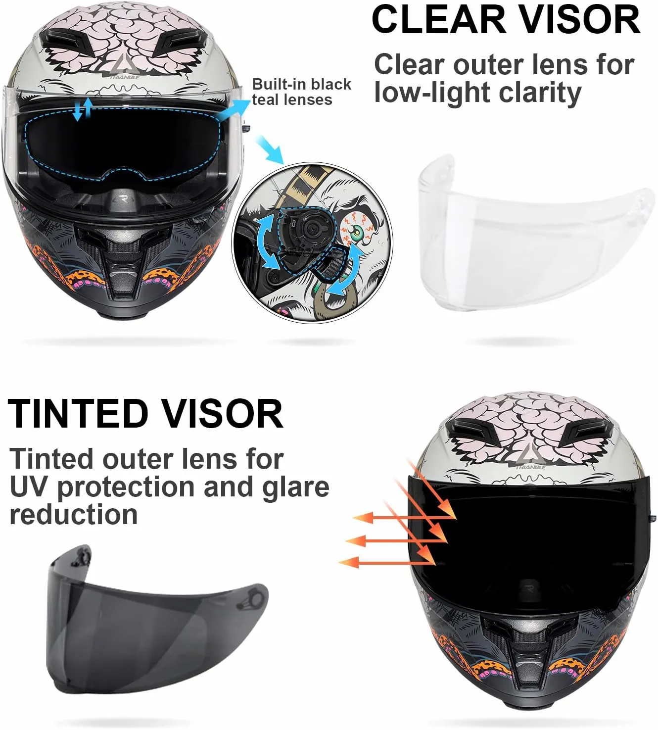 TRIANGLE Motorcycle Helmets Full face Helmet for Adults Men and Women Dual Visor with Internal Sunshield DOT Approved (Black Gray, Medium)