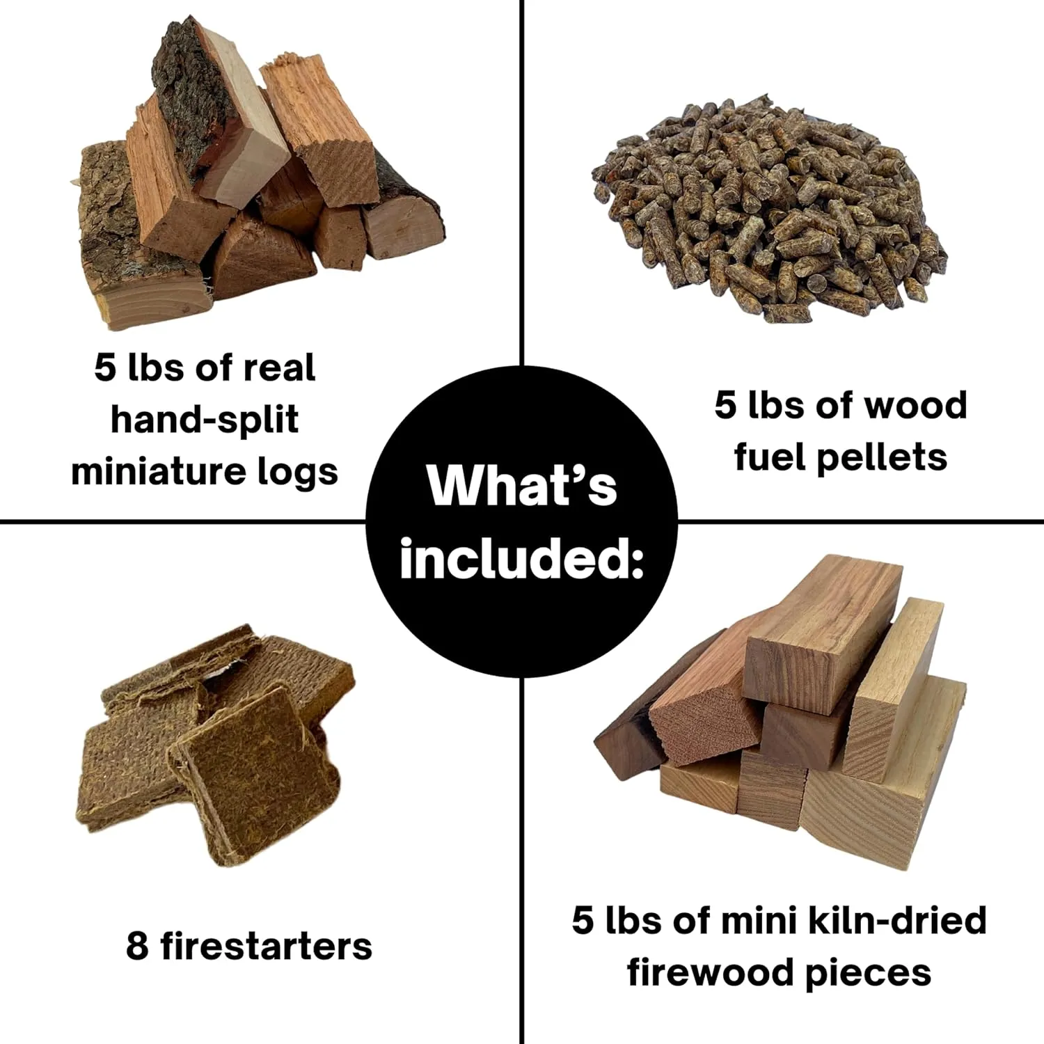 Triple Fuel MINI Firewood Kit - 15 Pounds Total - Hand-Split Logs, Reclaimed Wood Pieces, Wood-Fuel Pellets, & Firestarters - Compatible w/Solo Stove Mesa (3.5" Long Firewood)