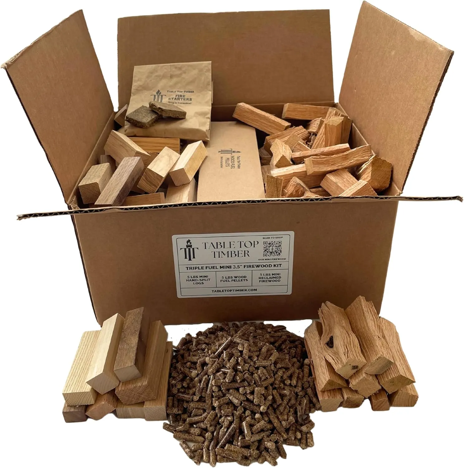 Triple Fuel MINI Firewood Kit - 15 Pounds Total - Hand-Split Logs, Reclaimed Wood Pieces, Wood-Fuel Pellets, & Firestarters - Compatible w/Solo Stove Mesa (3.5" Long Firewood)