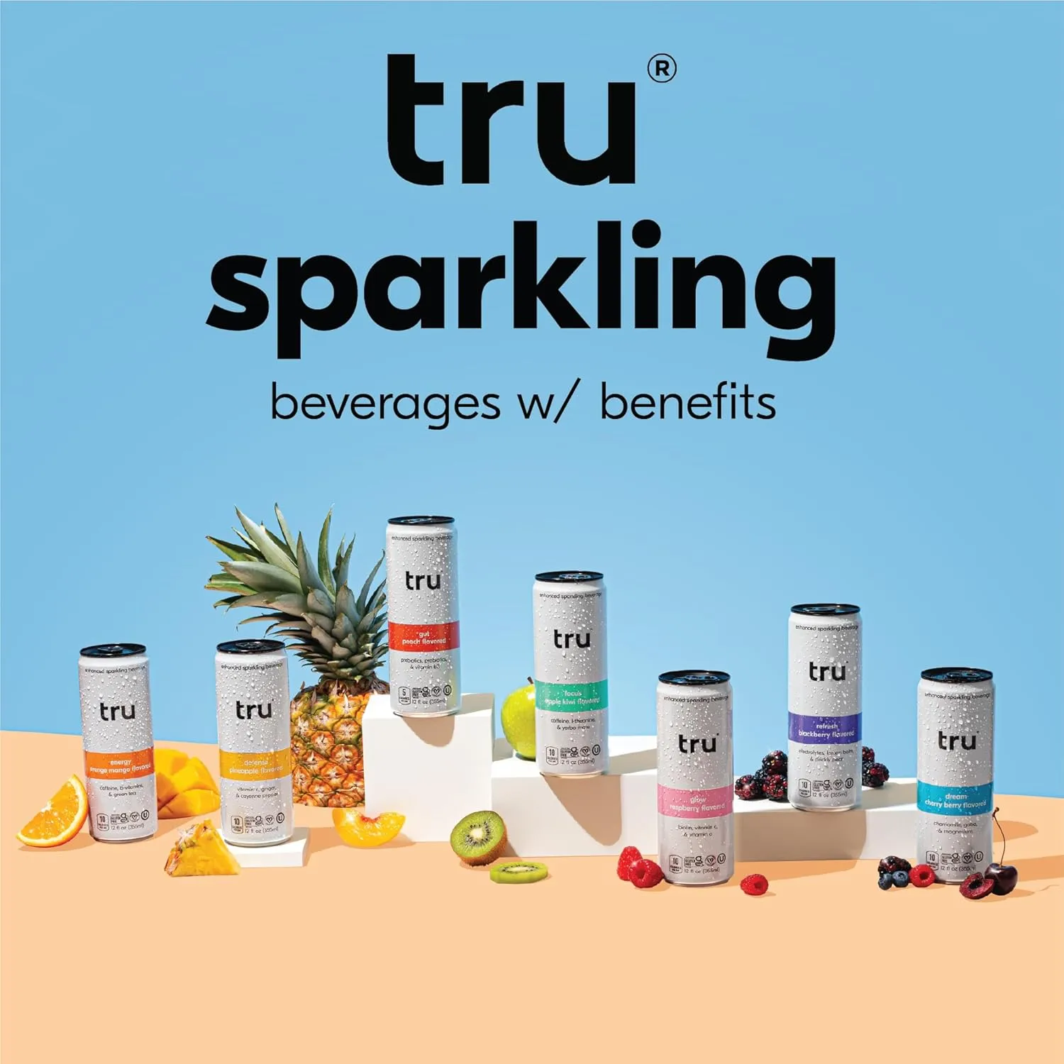 Tru Seltzer Sampler, Variety Pack of Sparkling Water with Real Fruit Juice, Functional Ingredients & Natural Flavors, Gluten Free, Vegan, Low Calorie, Caffeine Free Options, 12 FL OZ Cans, 7 Pack
