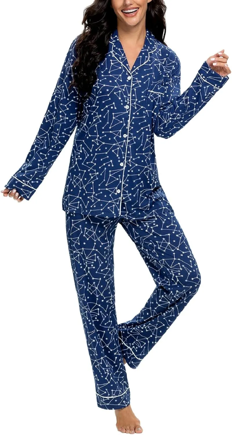 Tugege Pajamas Set Long Sleeve Sleepwear Womens Button Down Nightwear Pj Sets