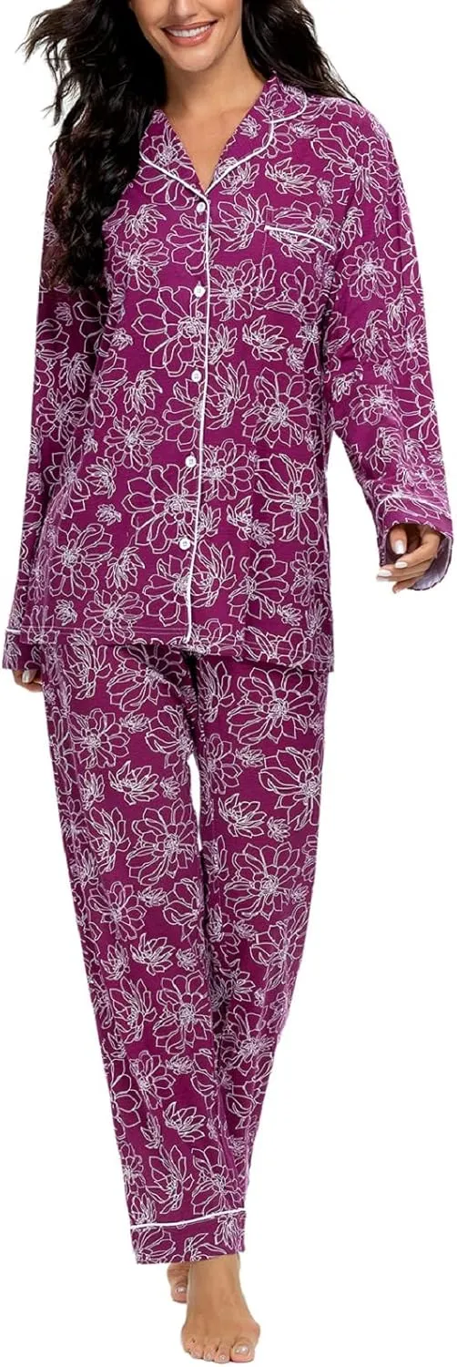 Tugege Pajamas Set Long Sleeve Sleepwear Womens Button Down Nightwear Pj Sets