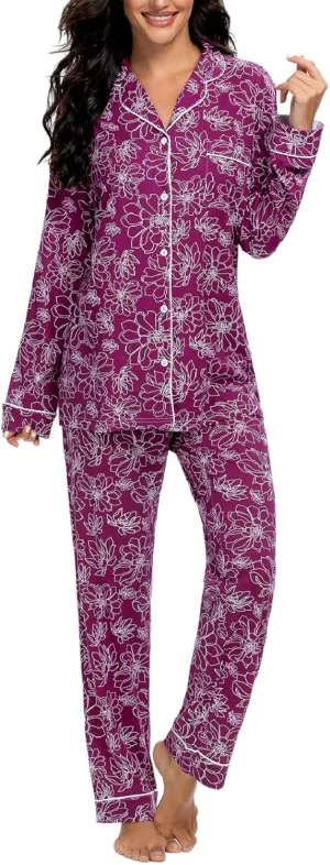 Tugege Pajamas Set Long Sleeve Sleepwear Womens Button Down Nightwear Pj Sets