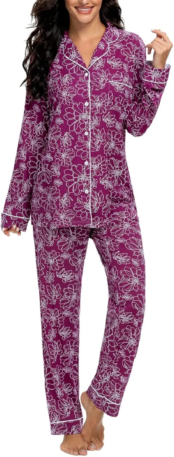 Tugege Pajamas Set Long Sleeve Sleepwear Womens Button Down Nightwear Pj Sets