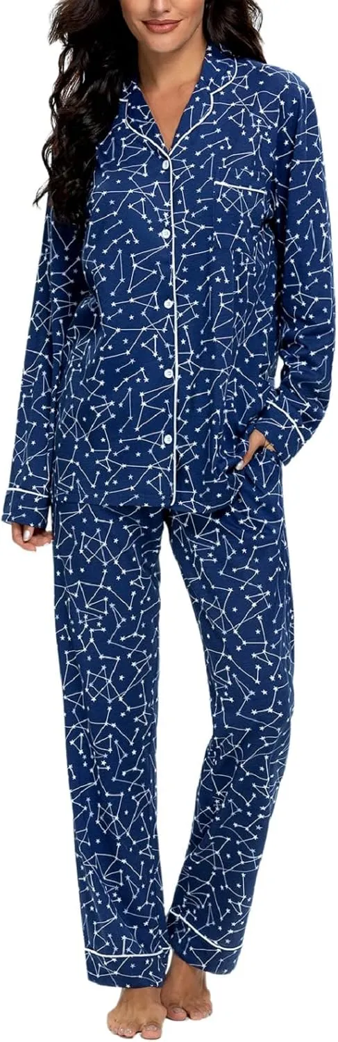 Tugege Pajamas Set Long Sleeve Sleepwear Womens Button Down Nightwear Pj Sets