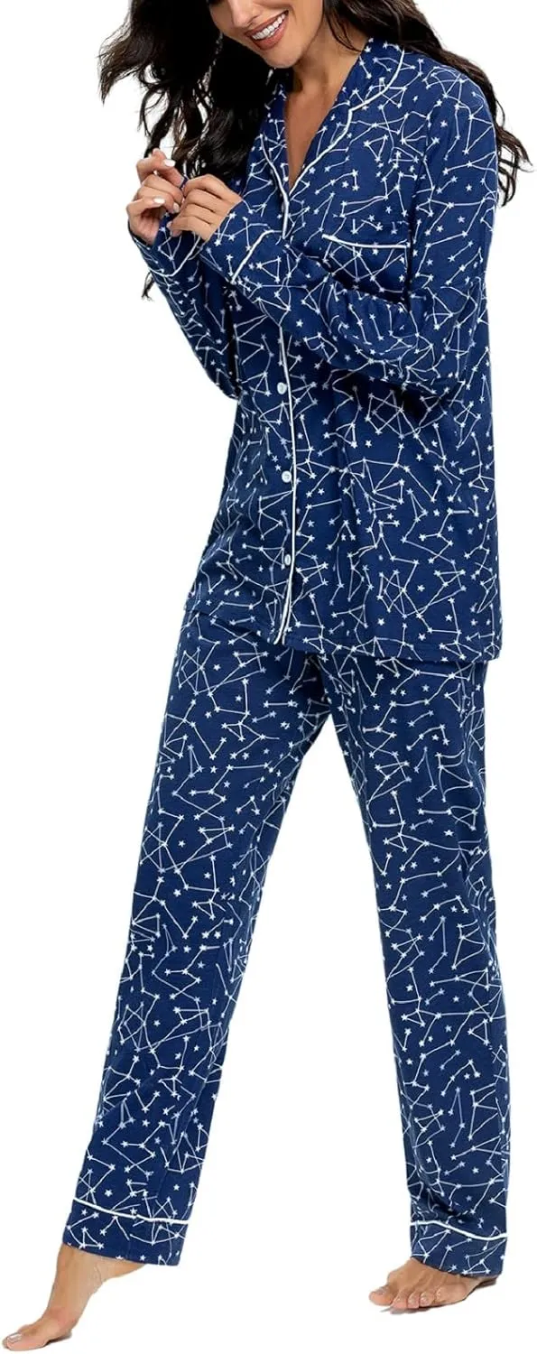 Tugege Pajamas Set Long Sleeve Sleepwear Womens Button Down Nightwear Pj Sets