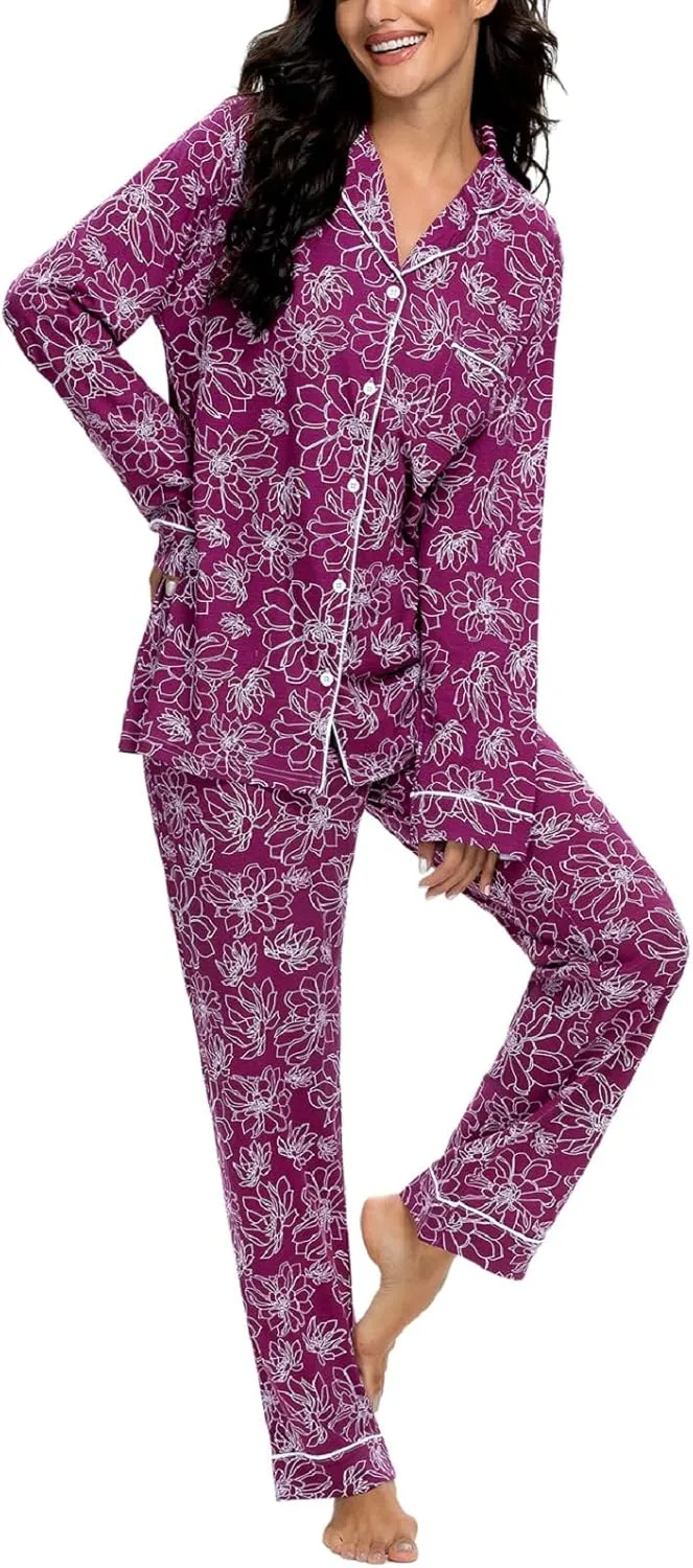 Tugege Pajamas Set Long Sleeve Sleepwear Womens Button Down Nightwear Pj Sets