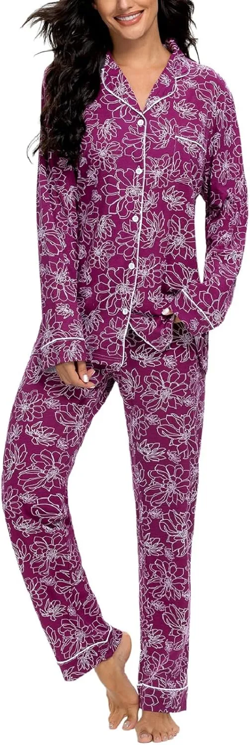 Tugege Pajamas Set Long Sleeve Sleepwear Womens Button Down Nightwear Pj Sets