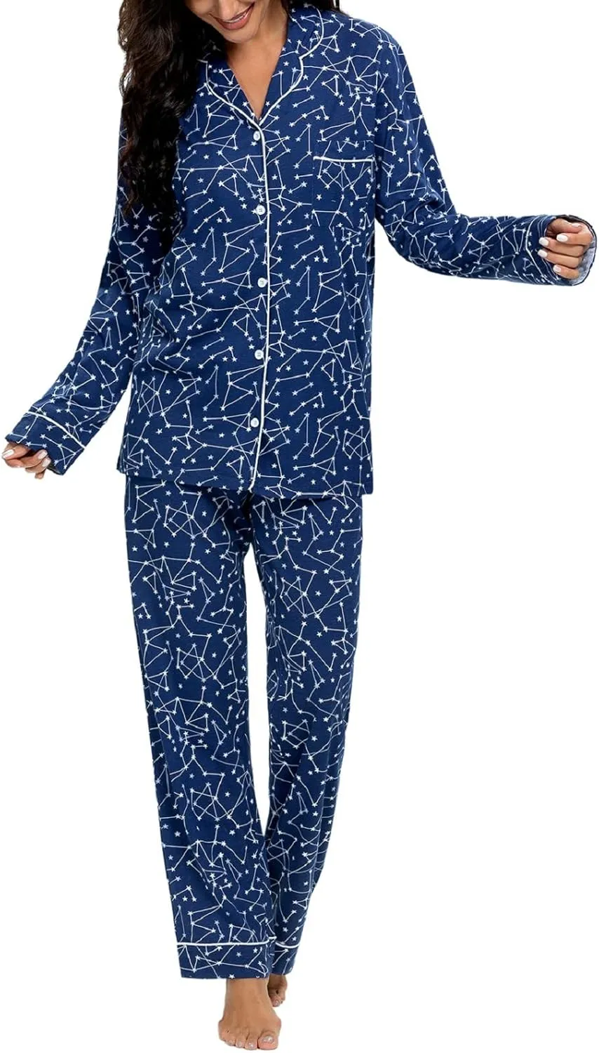 Tugege Pajamas Set Long Sleeve Sleepwear Womens Button Down Nightwear Pj Sets